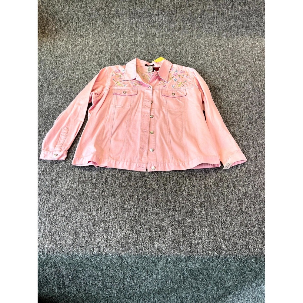 Blaine Trump Jean Jacket Womens 1X Pink Cotton Embroidered Floral Button Front